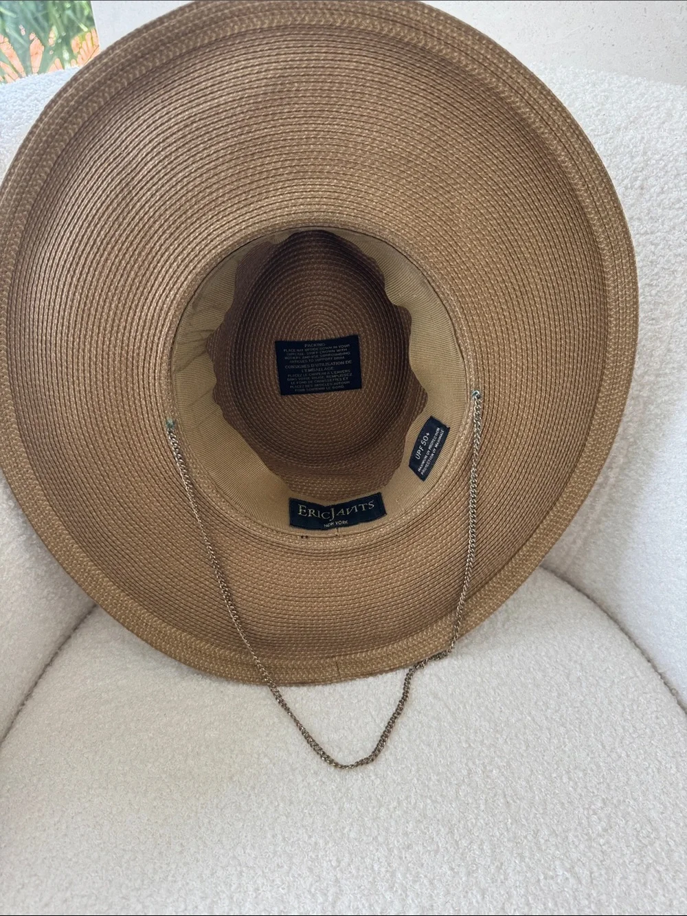 Eric Javits Tan Straw Sun Hat with Chin Chain - Picture 2 of 4